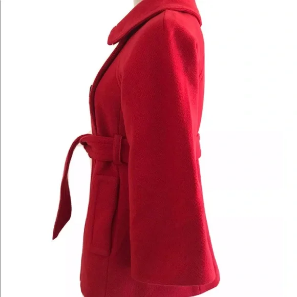 J.Crew | Bell Sleeves Double Breasted Belt Pea Coat Womens Size 2 Red Wool Blend - Picture 5 of 9
